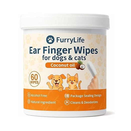 Furry Life Ear Cleaner Finger Wipes for Dogs & Cats – Pet Ear Cleaning Wipes, Grooming Kit Pads, Removes Wax, Dirt, Odor, Itch Relief, Soft, Easy Otic Care with Coconut Scent (Ear 60pcs, Coconut)