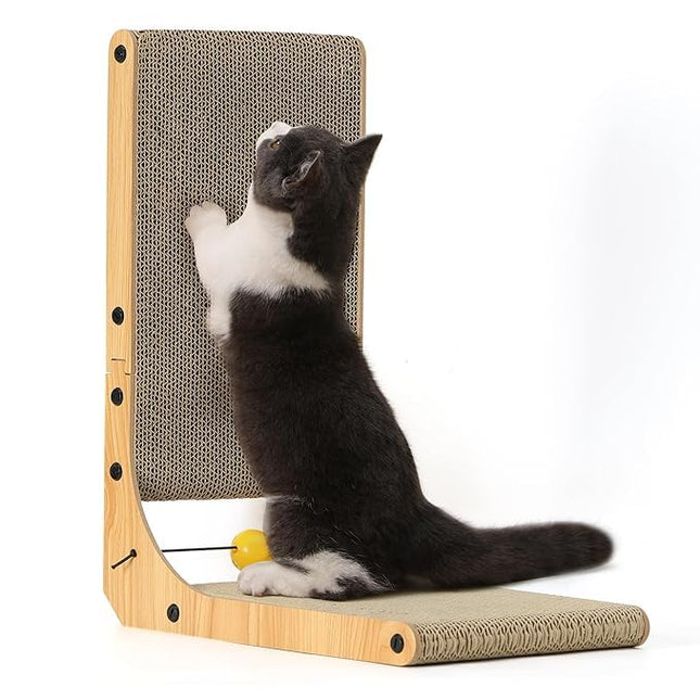 Furry Life L-Shaped Pet Scratcher Wall-Mounted with Ball Toy, Large Corrugated Cardboard Scratching Board & Furniture Protector for Indoor Pets (Large)