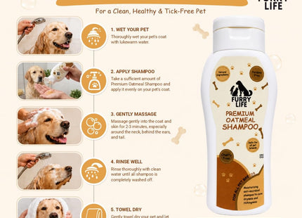 Furry Life Pet Shampoo for Dogs & Cats | Oatmeal Soothing Formula | Relieves Dry & Itchy Skin, Gentle Cleansing & Coat Care | Pet Shampoo for All Breeds -(200 ML)