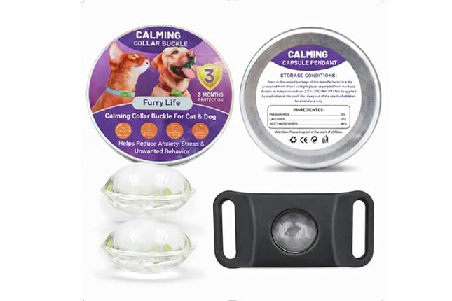 Furry Life Calming Buckle for Pets – Anxiety Relief Pheromone Device, Helps Reduce Stress During Loud Noises, Travel & Separation, Fits Dog & Cat Collar (Black)