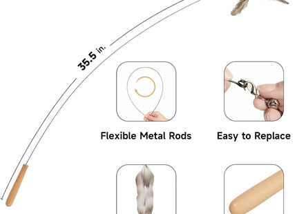 Furry Life Cat Wand Toy | Interactive Cat Teaser with Bell & Propeller Spinner | 35.5” Steel Wire Wand for Playful Indoor Cats (2 Feather Replacement)