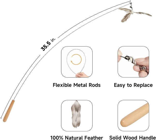 Furry Life Cat Wand Toy | Interactive Cat Teaser with Bell & Propeller Spinner | 35.5” Steel Wire Wand for Playful Indoor Cats (2 Feather Replacement)