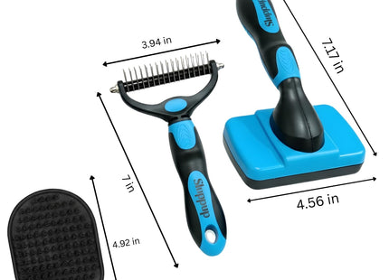 Pet Grooming Brush Combo | Self-Cleaning Slicker Brush, Deshedding Rake & Rubber Grooming Brush | Dog & Cat Hair Removal Tool for Short & Long Fur