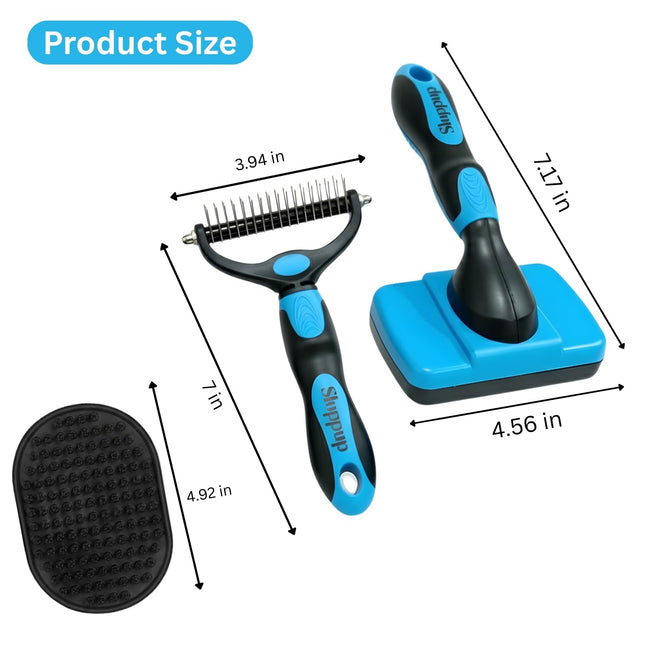 Pet Grooming Brush Combo | Self-Cleaning Slicker Brush, Deshedding Rake & Rubber Grooming Brush | Dog & Cat Hair Removal Tool for Short & Long Fur