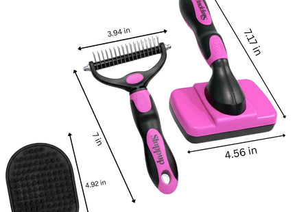 Pet Grooming Brush Combo | Self-Cleaning Slicker Brush, Deshedding Rake & Rubber Grooming Brush | Dog & Cat Hair Removal Tool for Short & Long Fur