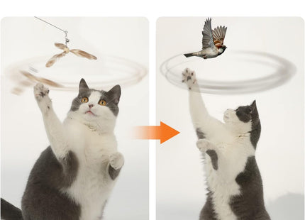 Furry Life Cat Wand Toy | Interactive Cat Teaser with Bell & Propeller Spinner | 35.5” Steel Wire Wand for Playful Indoor Cats (2 Feather Replacement)