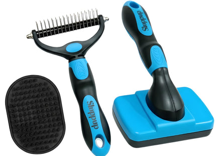 Pet Grooming Brush Combo | Self-Cleaning Slicker Brush, Deshedding Rake & Rubber Grooming Brush | Dog & Cat Hair Removal Tool for Short & Long Fur