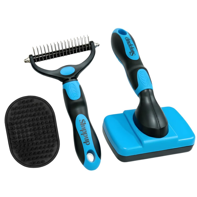 Pet Grooming Brush Combo | Self-Cleaning Slicker Brush, Deshedding Rake & Rubber Grooming Brush | Dog & Cat Hair Removal Tool for Short & Long Fur