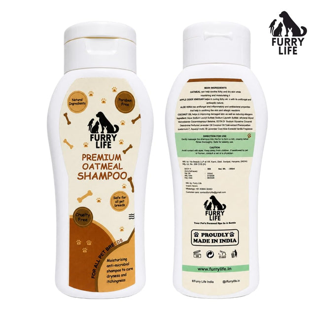 Furry Life Pet Shampoo for Dogs & Cats | Oatmeal Soothing Formula | Relieves Dry & Itchy Skin, Gentle Cleansing & Coat Care | Pet Shampoo for All Breeds -(200 ML)