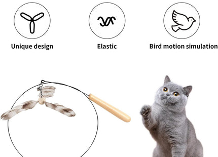 Furry Life Cat Wand Toy | Interactive Cat Teaser with Bell & Propeller Spinner | 35.5” Steel Wire Wand for Playful Indoor Cats (2 Feather Replacement)