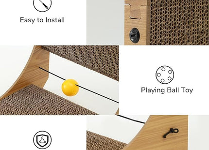 Furry Life L-Shaped Pet Scratcher Wall-Mounted with Ball Toy, Large Corrugated Cardboard Scratching Board & Furniture Protector for Indoor Pets (Large)