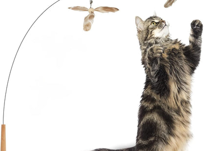 Furry Life Cat Wand Toy | Interactive Cat Teaser with Bell & Propeller Spinner | 35.5” Steel Wire Wand for Playful Indoor Cats (2 Feather Replacement)