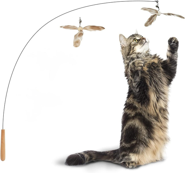 Furry Life Cat Wand Toy | Interactive Cat Teaser with Bell & Propeller Spinner | 35.5” Steel Wire Wand for Playful Indoor Cats (2 Feather Replacement)