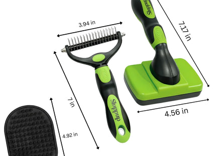 Pet Grooming Brush Combo | Self-Cleaning Slicker Brush, Deshedding Rake & Rubber Grooming Brush | Dog & Cat Hair Removal Tool for Short & Long Fur