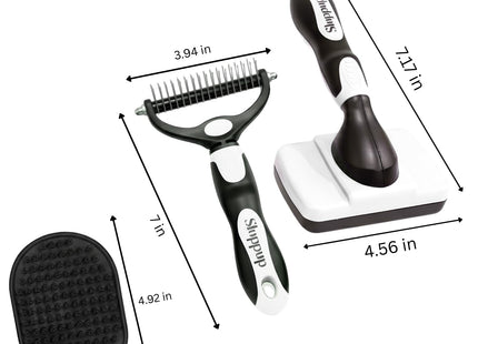 Pet Grooming Brush Combo | Self-Cleaning Slicker Brush, Deshedding Rake & Rubber Grooming Brush | Dog & Cat Hair Removal Tool for Short & Long Fur