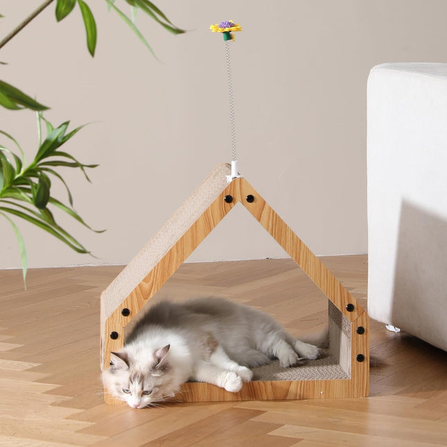 Furry Life Cat Scratcher House with Lounge Bed, Cardboard Cat Scratching Box & Hideout for Indoor Cats and Kittens, Durable Eco-Friendly Scratch Pad, Beveled Design, Holds up to 15 kg (41 cm)
