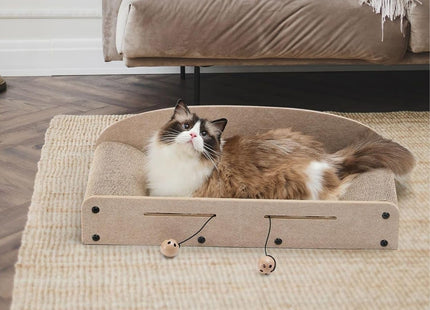 Cat Scratcher & Lounger Bed Extra-Large Cardboard Scratch Pads with Reversible Refill, Indoor Cat Lounging Sofa with Ball Toy (Beige)