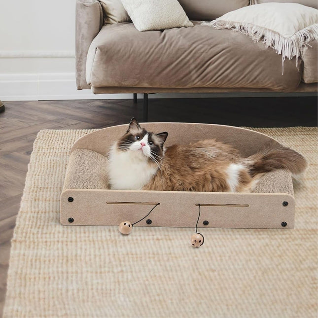Cat Scratcher & Lounger Bed Extra-Large Cardboard Scratch Pads with Reversible Refill, Indoor Cat Lounging Sofa with Ball Toy (Beige)