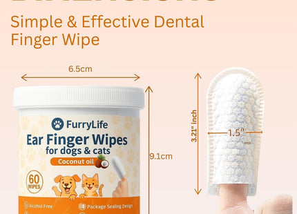 Furry Life Ear Cleaner Finger Wipes for Dogs & Cats – Pet Ear Cleaning Wipes, Grooming Kit Pads, Removes Wax, Dirt, Odor, Itch Relief, Soft, Easy Otic Care with Coconut Scent (Ear 60pcs, Coconut)