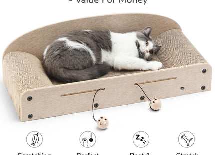 Cat Scratcher & Lounger Bed Extra-Large Cardboard Scratch Pads with Reversible Refill, Indoor Cat Lounging Sofa with Ball Toy (Beige)