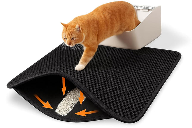 Cat Litter Mat Litter Trapping Mat, Honeycomb Double Layer Waterproof Urine Proof Mats for Litter Boxes Scatter Control Easy Clean Soft on Paws (Black, 60 x 40cm)