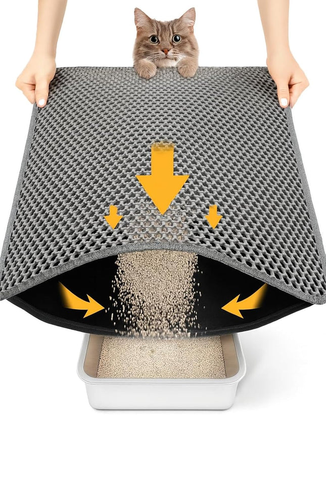 Cat Litter Mat Litter Trapping Mat, Honeycomb Double Layer Waterproof Urine Proof Mats for Litter Boxes Scatter Control Easy Clean Soft on Paws (Grey, 60 x 40cm)