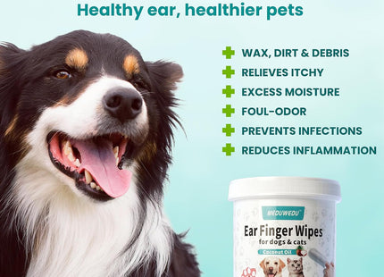 Ear Cleaner Finger Wipes 60 Counts, Dog Ear Cleaner, Grooming Kit Care for Dogs and Cats, Soft & Easy Otic Cleaning Pads, Remove Wax, Dirt & Stop Smelly, Itchy, Non-Irritating (1.5 X 60 pcs, Coconut)