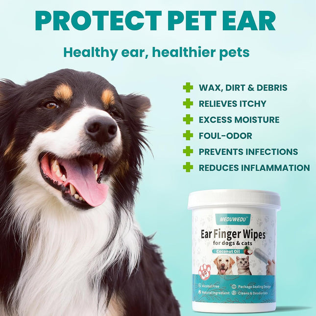 Ear Cleaner Finger Wipes 60 Counts, Dog Ear Cleaner, Grooming Kit Care for Dogs and Cats, Soft & Easy Otic Cleaning Pads, Remove Wax, Dirt & Stop Smelly, Itchy, Non-Irritating (1.5 X 60 pcs, Coconut)