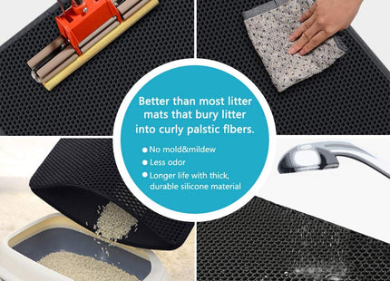 Small Cat Litter Box Mat: Easy Clean Kitty Litter Trapping Mat for Floor, Plastic Cat Box Pad (15 * 24in, Black, 2p)