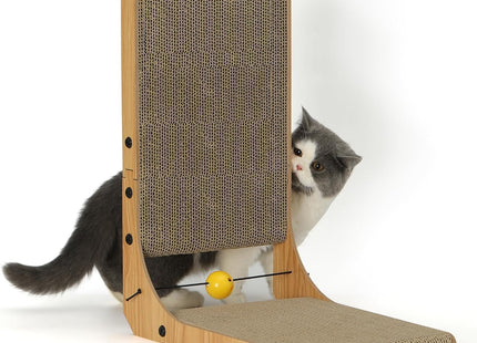 Furry Life L-Shaped Pet Scratcher Wall-Mounted with Ball Toy, Large Corrugated Cardboard Scratching Board & Furniture Protector for Indoor Pets (Large)