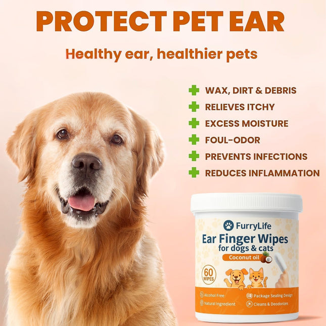 Furry Life Ear Cleaner Finger Wipes for Dogs & Cats – Pet Ear Cleaning Wipes, Grooming Kit Pads, Removes Wax, Dirt, Odor, Itch Relief, Soft, Easy Otic Care with Coconut Scent (Ear 60pcs, Coconut)