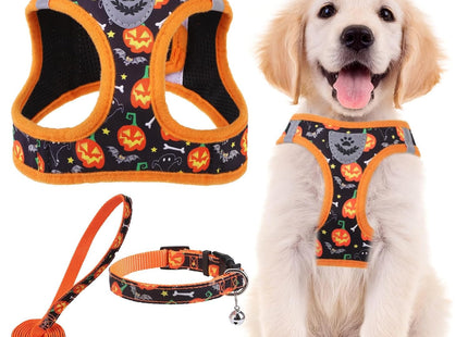 PUPTECK Adjustable Dog Harness Collar and Leash Set Step in No Pull Pet Harness for Small Medium Dogs Puppy and Cats Outdoor Walking Running, Soft Mesh Padded Reflective Vest Harnesses, Halloween, XS