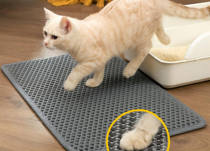 Cat Litter Mat Litter Trapping Mat, Honeycomb Double Layer Waterproof Urine Proof Mats for Litter Boxes Scatter Control Easy Clean Soft on Paws (Grey, 60 x 40cm)