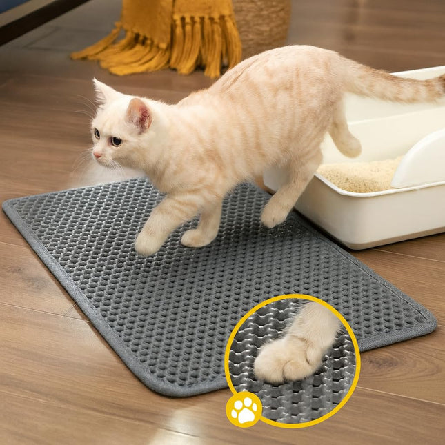Cat Litter Mat Litter Trapping Mat, Honeycomb Double Layer Waterproof Urine Proof Mats for Litter Boxes Scatter Control Easy Clean Soft on Paws (Grey, 60 x 40cm)