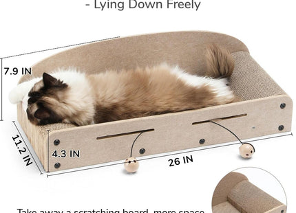 Cat Scratcher & Lounger Bed Extra-Large Cardboard Scratch Pads with Reversible Refill, Indoor Cat Lounging Sofa with Ball Toy (Beige)