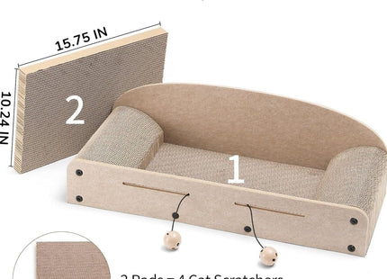 Cat Scratcher & Lounger Bed Extra-Large Cardboard Scratch Pads with Reversible Refill, Indoor Cat Lounging Sofa with Ball Toy (Beige)