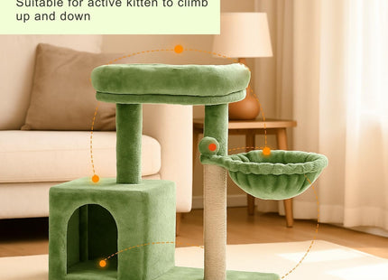 Cat Tree Hammock Bed with Natural Sisal Scratching Posts and Teasing Feather for Kitten (30- Green)