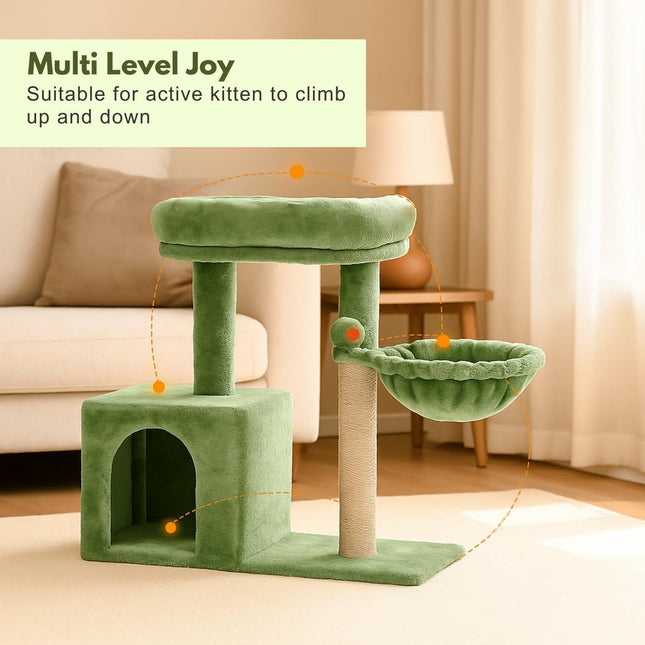 Cat Tree Hammock Bed with Natural Sisal Scratching Posts and Teasing Feather for Kitten (30- Green)