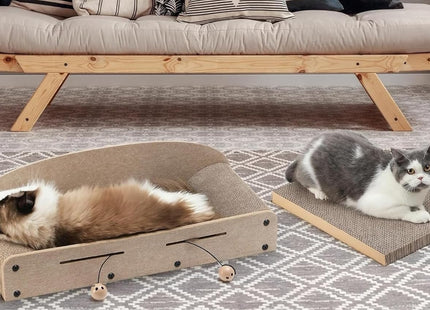 Cat Scratcher & Lounger Bed Extra-Large Cardboard Scratch Pads with Reversible Refill, Indoor Cat Lounging Sofa with Ball Toy (Beige)