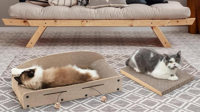 Cat Scratcher & Lounger Bed Extra-Large Cardboard Scratch Pads with Reversible Refill, Indoor Cat Lounging Sofa with Ball Toy (Beige)