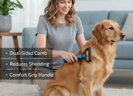 Pet Grooming Brush Combo | Self-Cleaning Slicker Brush, Deshedding Rake & Rubber Grooming Brush | Dog & Cat Hair Removal Tool for Short & Long Fur