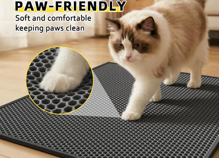 Cat Litter Mat Litter Trapping Mat, 30" X 24" Inch Honeycomb Double-Layer Design Waterproof Urine Proof Material, Easy Clean Scatter Control (Black)