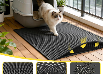 Cat Litter Mat Litter Trapping Mat, 30" X 24" Inch Honeycomb Double-Layer Design Waterproof Urine Proof Material, Easy Clean Scatter Control (Black)