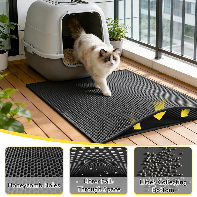 Cat Litter Mat Litter Trapping Mat, 30" X 24" Inch Honeycomb Double-Layer Design Waterproof Urine Proof Material, Easy Clean Scatter Control (Black)