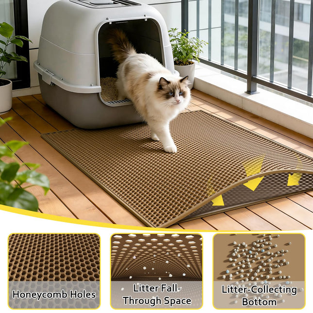 Cat Litter Mat Litter Trapping Mat, 30" X 24" Inch, Honeycomb Double-Layer Design Waterproof Urine Proof Material, Easy Clean Scatter Control (Brown)