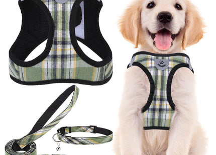 PUPTECK Adjustable Dog Harness Collar and Leash Set Step in No Pull Pet Harness for Small Medium Dogs Puppy and Cats Outdoor Walking Running, Soft Mesh Padded Reflective Vest Harnesses, Grn&YLW, XS