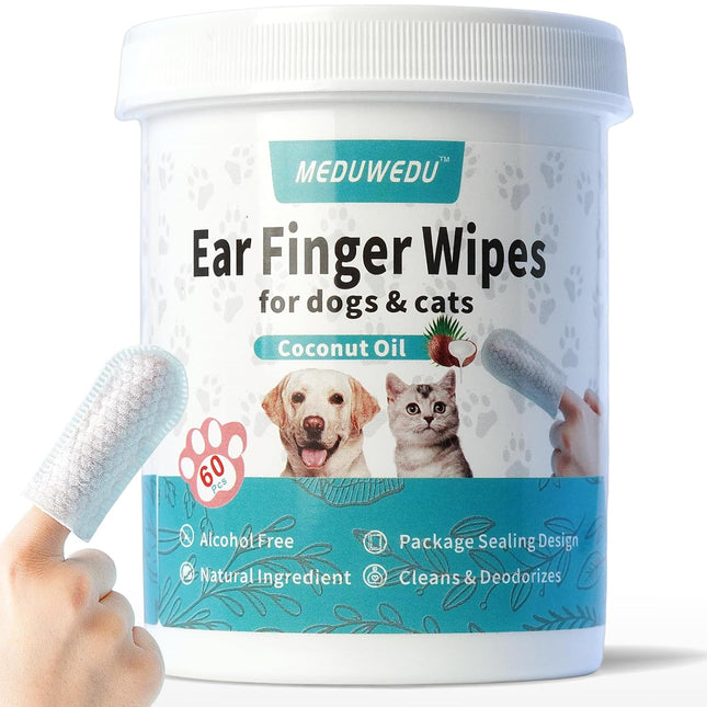 Ear Cleaner Finger Wipes 60 Counts, Dog Ear Cleaner, Grooming Kit Care for Dogs and Cats, Soft & Easy Otic Cleaning Pads, Remove Wax, Dirt & Stop Smelly, Itchy, Non-Irritating (1.5 X 60 pcs, Coconut)