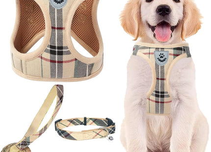 Pupteck Adjustable No-Pull Dog Harness, Collar and Leash Set for Small Medium Dogs, Puppies and Cats, Soft Mesh Padded Reflective Chest Strap for Walking and Training (Beige, XL (Chest 20"-22"))